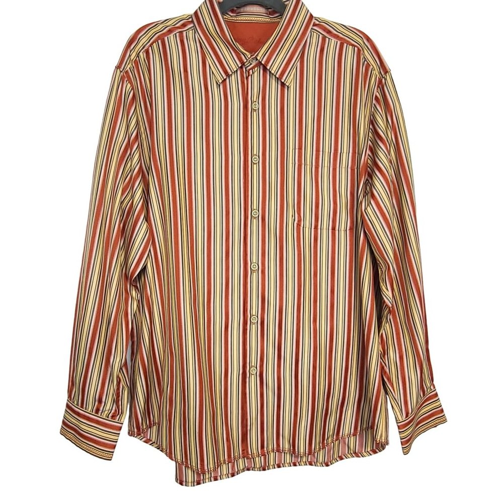 Tommy Bahama Mens 100% Silk Burnt Orange Striped Long Sleeve Button Down Sz Lrg